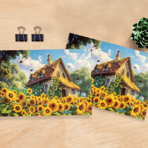 raxxa Postkarte: Sunlit Farmhouse with Blooming Sunflowers