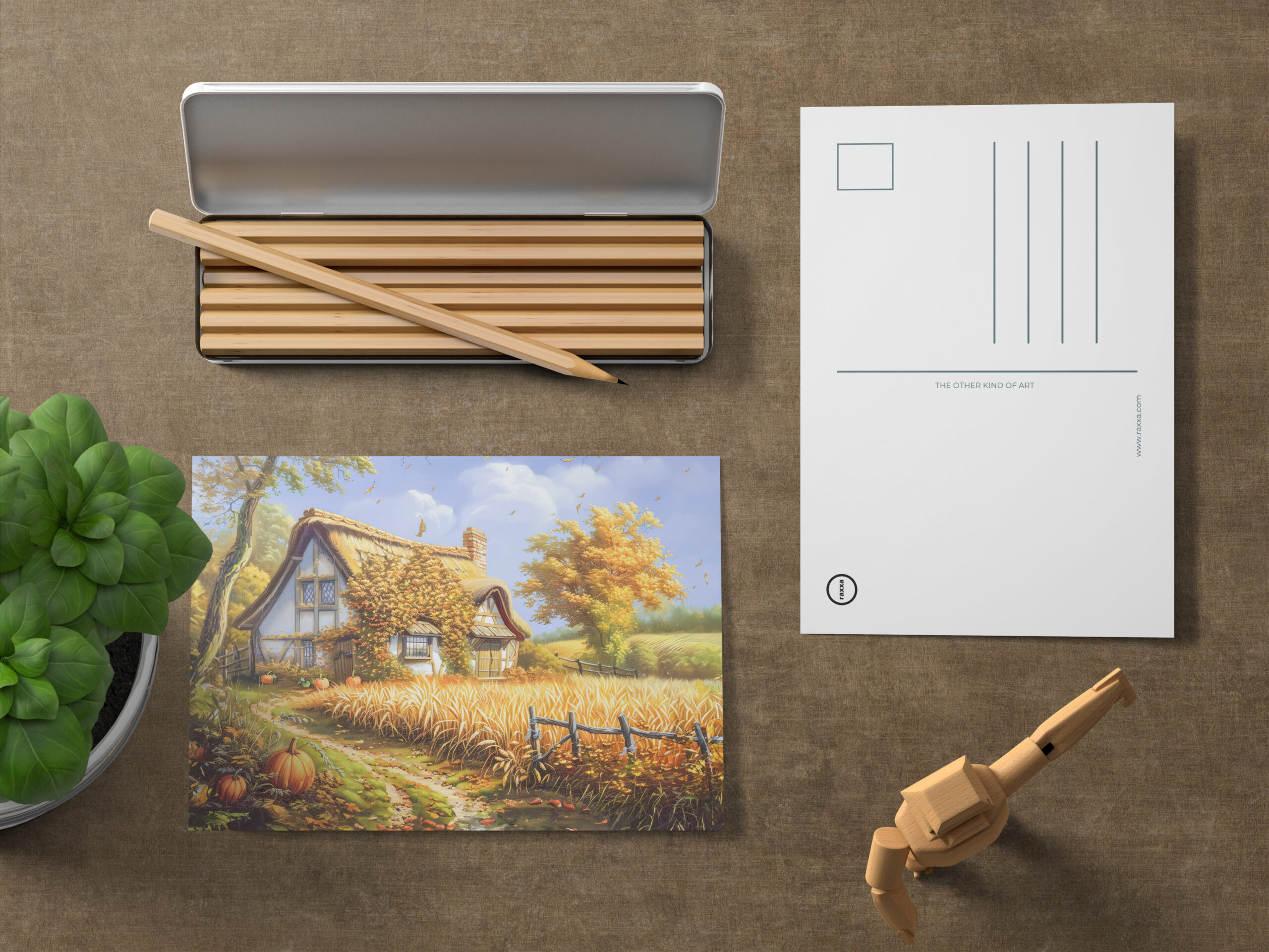 raxxa Postkarte: Autumn Cottage by Wheat Field and Pumpkins