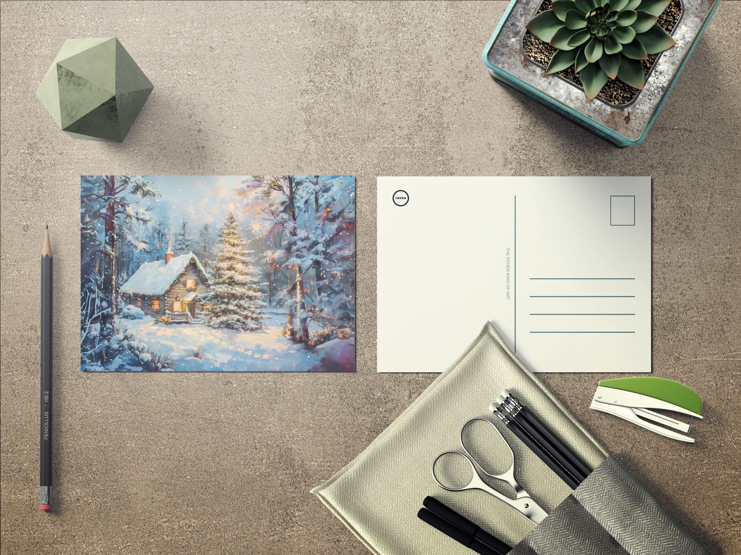 raxxa Postkarte: Cozy Winter Cottage with Christmas Tree