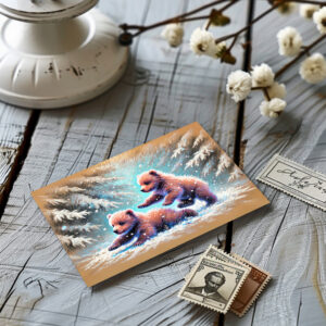 raxxa Postkarte: Playful Bear Cubs in Snow Pastel Chalk Drawing