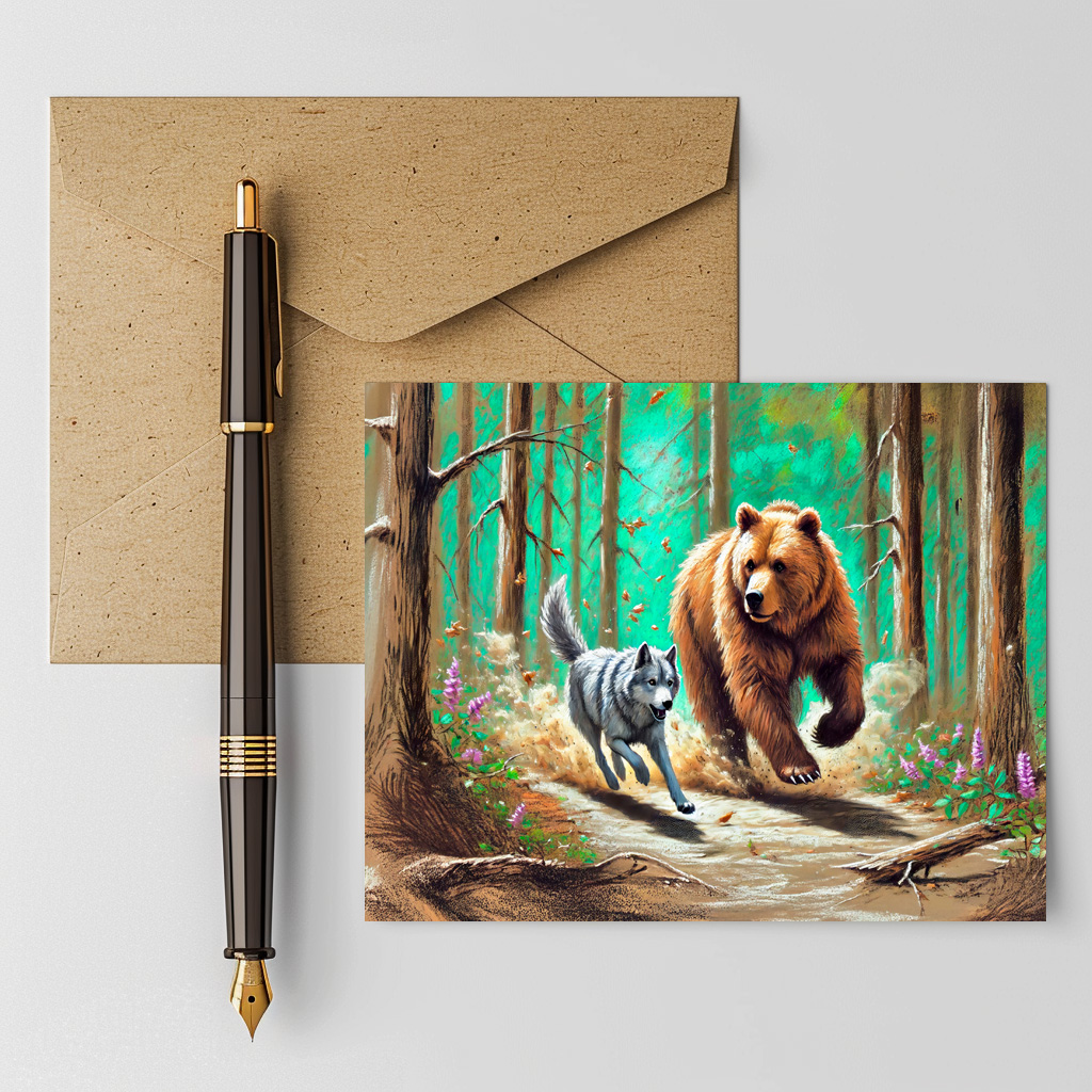 raxxa Postkarte: Wolf and Bear Chase Pastel Chalk Forest Scene