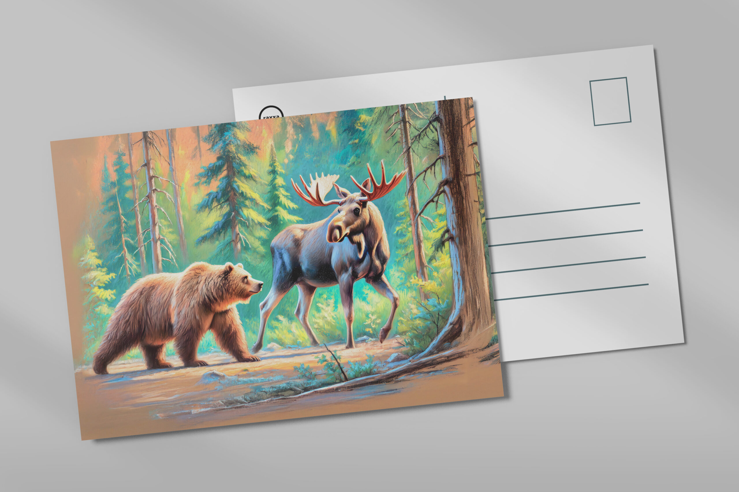 raxxa Postkarte: Bear and Moose in Forest Pastel Chalk Drawing
