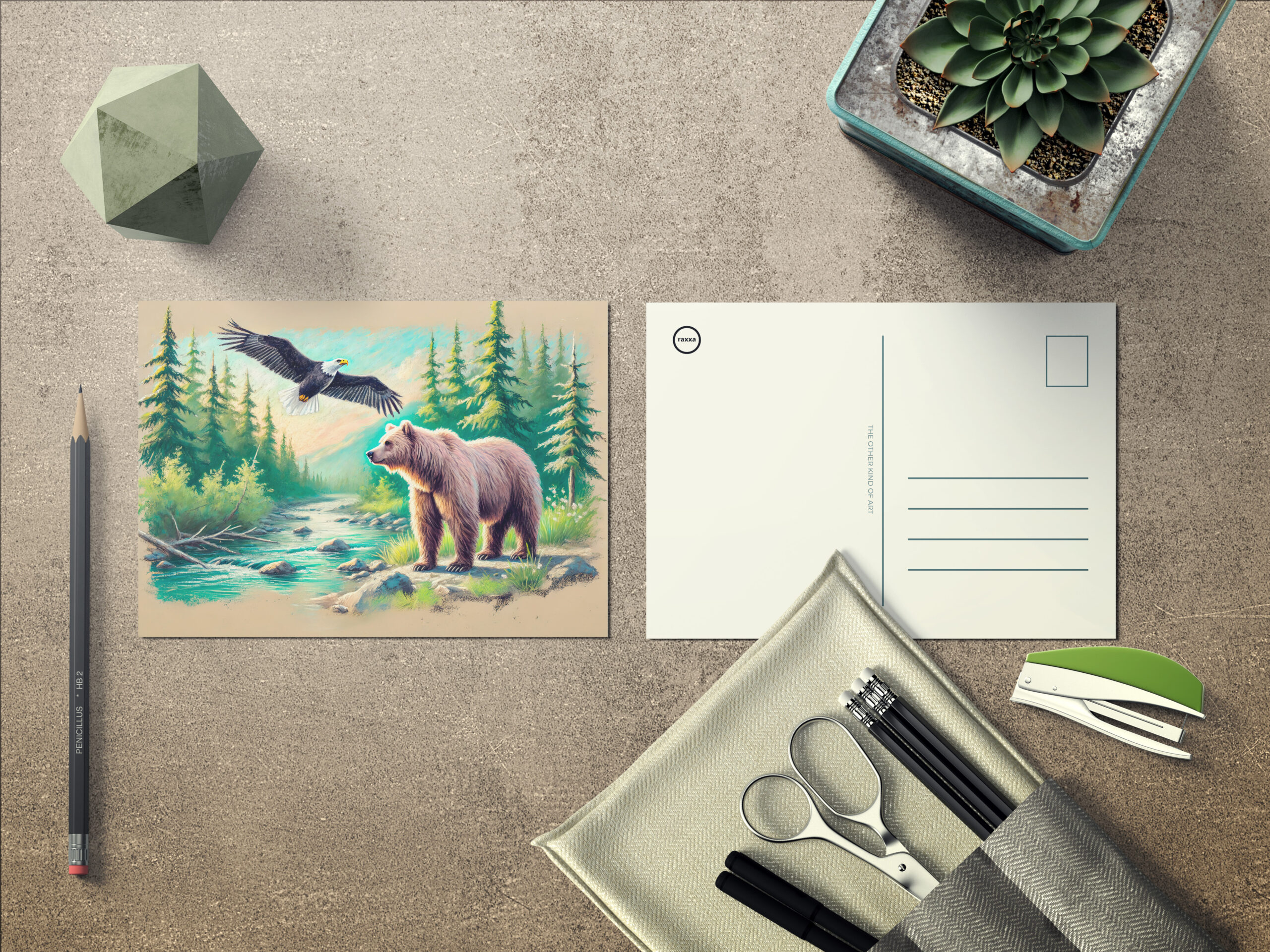 raxxa Postkarte: Bear and Eagle in Forest Stream Pastel Chalk Drawing