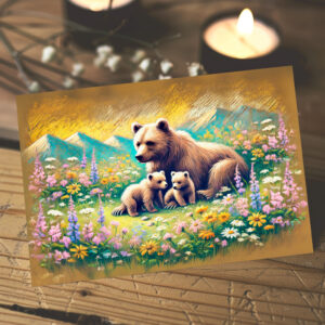 raxxa Postkarte: Bear Family in Mountain Meadow Pastel Chalk Drawing