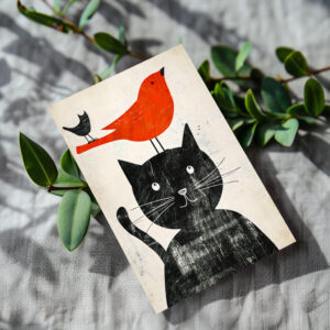 raxxa Postkarte: Black Cat with Red Bird and Hybrid Creature