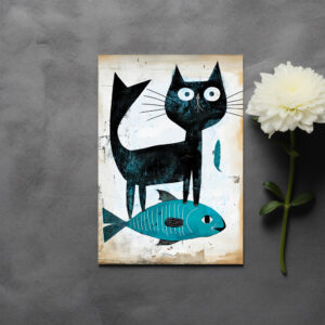 raxxa Postkarte: Black Cat with Blue Fish