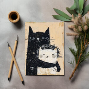 raxxa Postkarte: Black Cat Hugging a Hedgehog