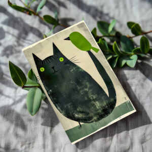 raxxa Postkarte: Black Cat with Green Bird on Tail