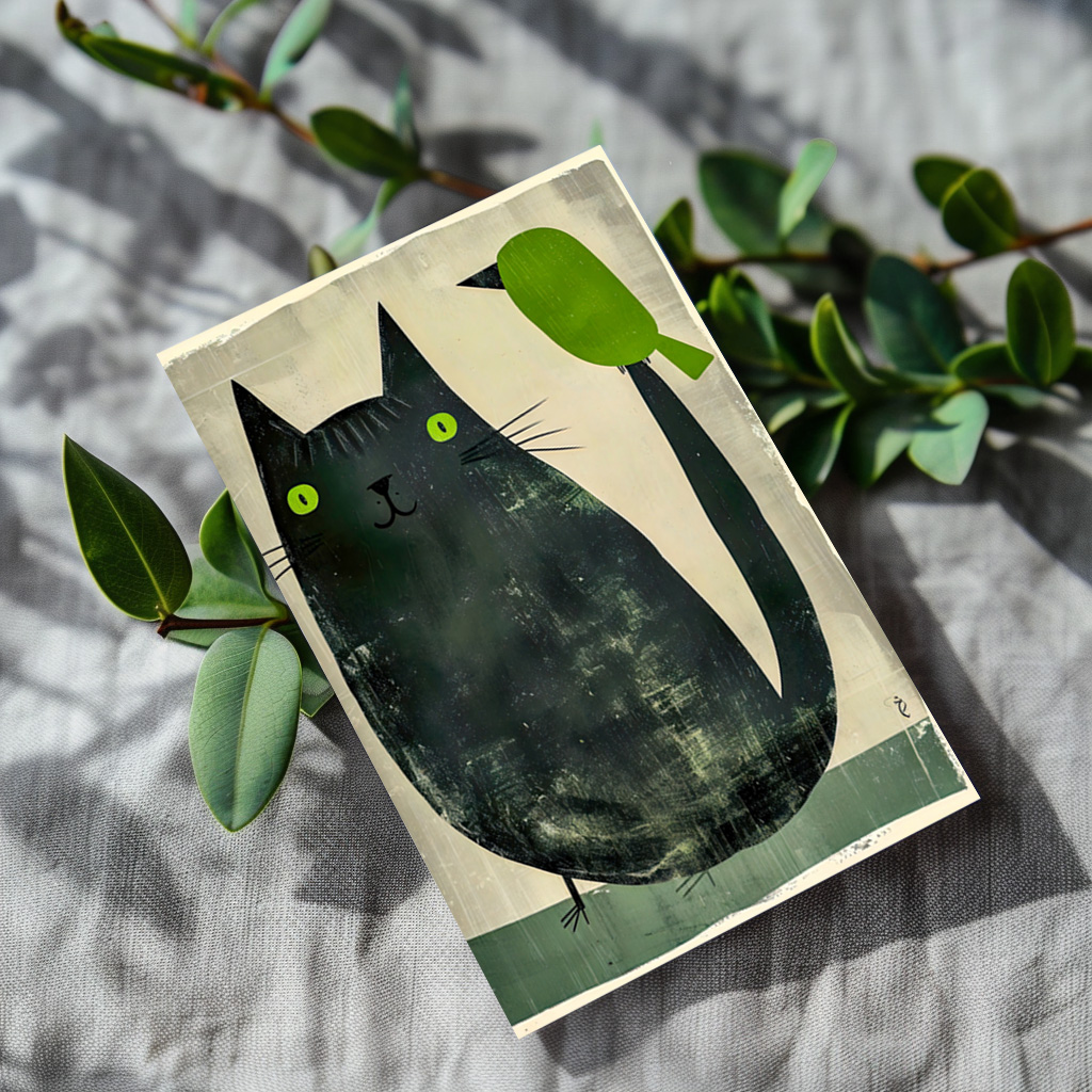 raxxa Postkarte: Black Cat with Green Bird on Tail