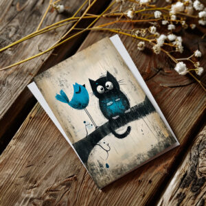 raxxa Postkarte: Whimsical Cat and Bird on a Branch