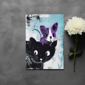 raxxa Postkarte: Black Cat with Purple Mouse on Head