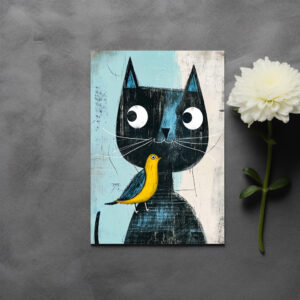 raxxa Postkarte: Friendly Comic Black Cat with Yellow Bird