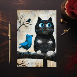 raxxa Postkarte: Frightened Black Cat and Blue Bird on Branch