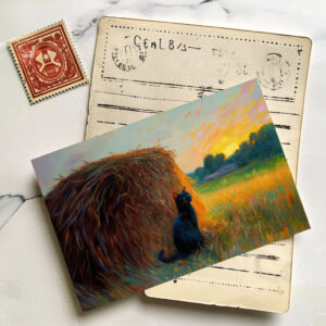 raxxa Postkarte: Impressionistic Oil Painting of Cat by Haystack at Sunset