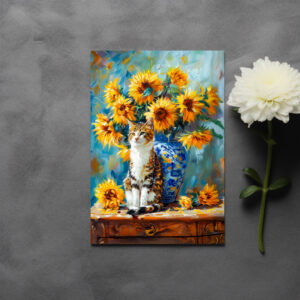 raxxa Postkarte: Impressionistic Oil Painting of Cat by Sunflower Bouquet