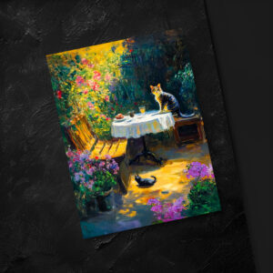 raxxa Postkarte: Impressionistic Oil Painting of Cats Playing in Garden Corner