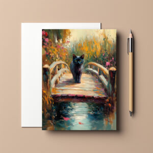 raxxa Postkarte: Impressionistic Oil Painting of Black Cat on Wooden Pier by Pond