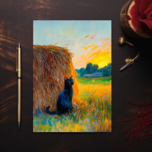 raxxa Postkarte: Impressionistic Oil Painting of Cat by Haystack at Sunset
