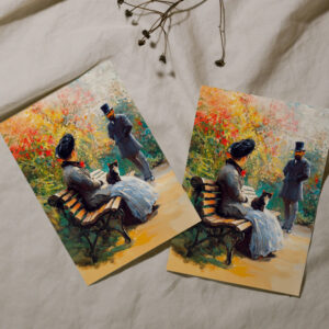 raxxa Postkarte: Impressionistic Oil Painting of Couple in Garden with Cat on Lap