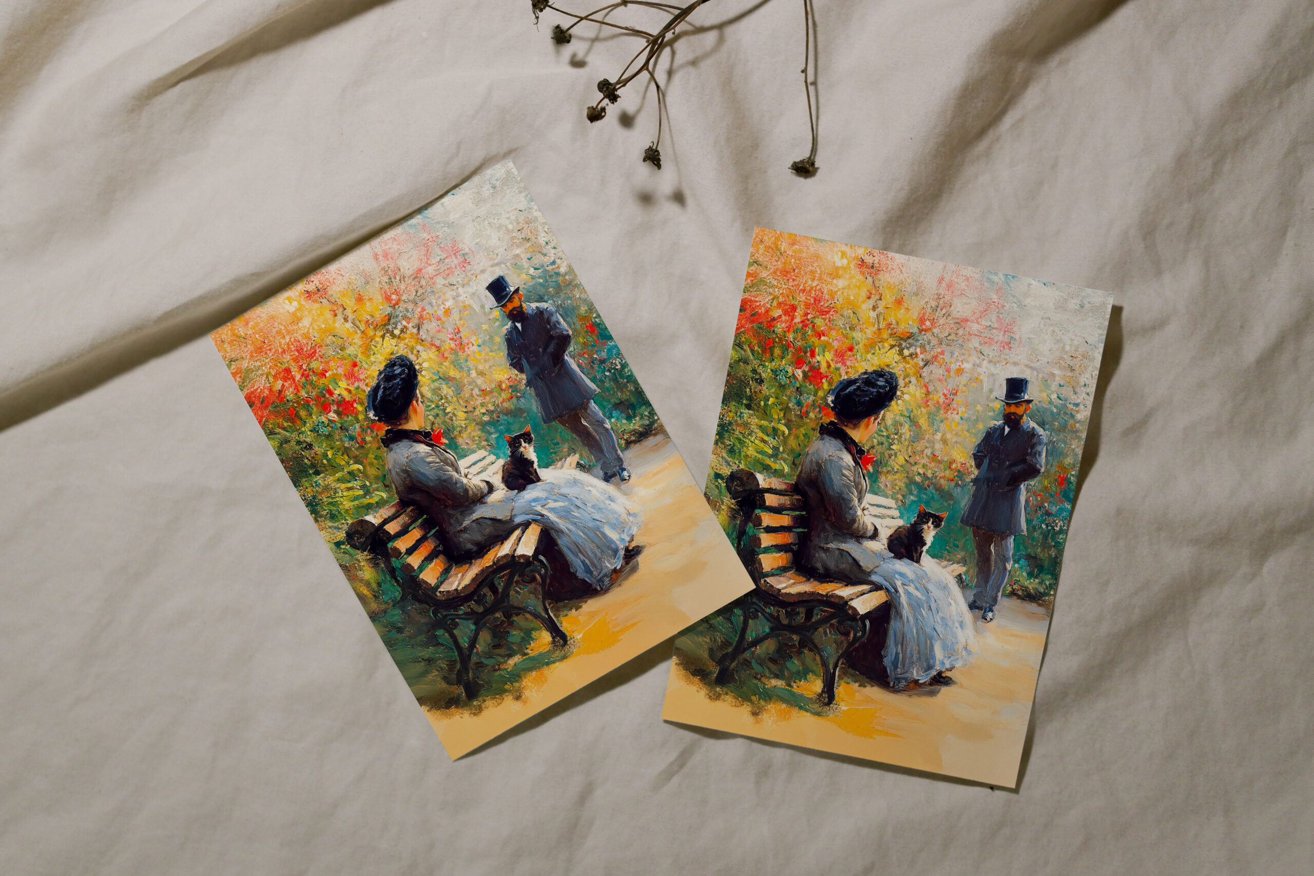 raxxa Postkarte: Impressionistic Oil Painting of Couple in Garden with Cat on Lap