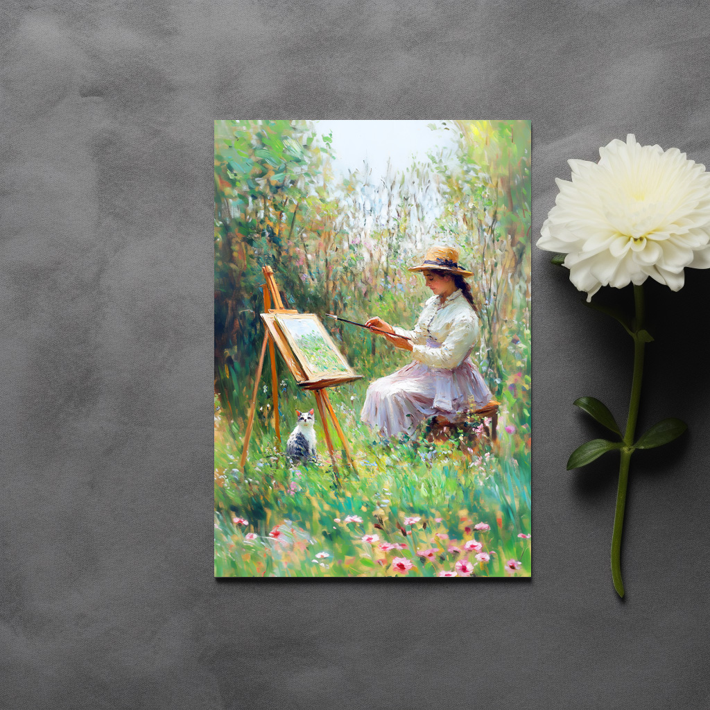 raxxa Postkarte: Impressionistic Oil Painting of Cat Beside Outdoor Painter