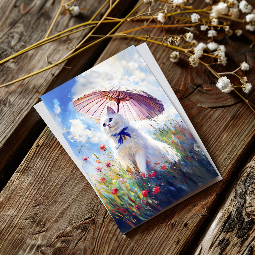 raxxa Postkarte: Impressionistic Oil Painting of White Cat with Parasol in Poppy Field