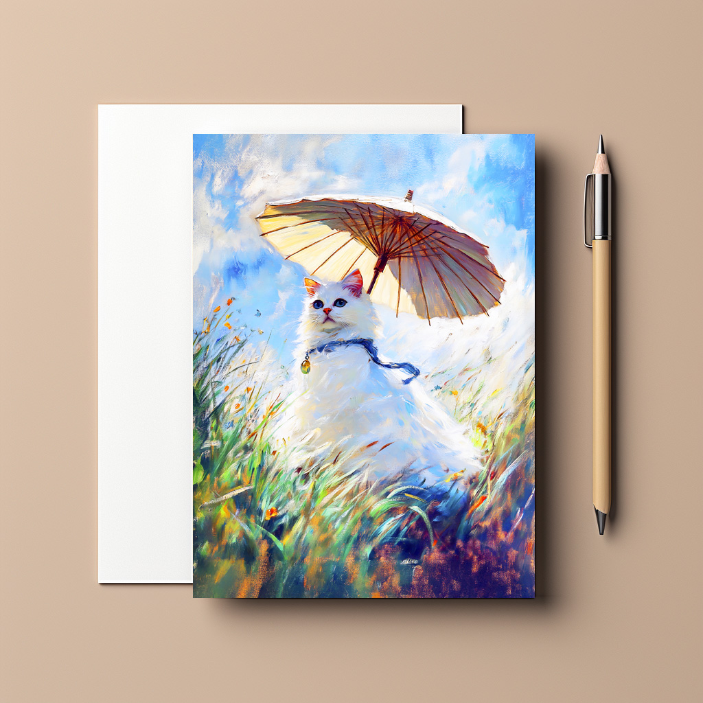 raxxa Postkarte: Impressionistic Oil Painting of White Cat with Parasol in Field