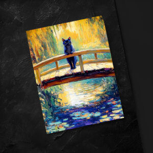 raxxa Postkarte: Impressionistic Oil Painting of Black Cat on Wooden Pier by Pond