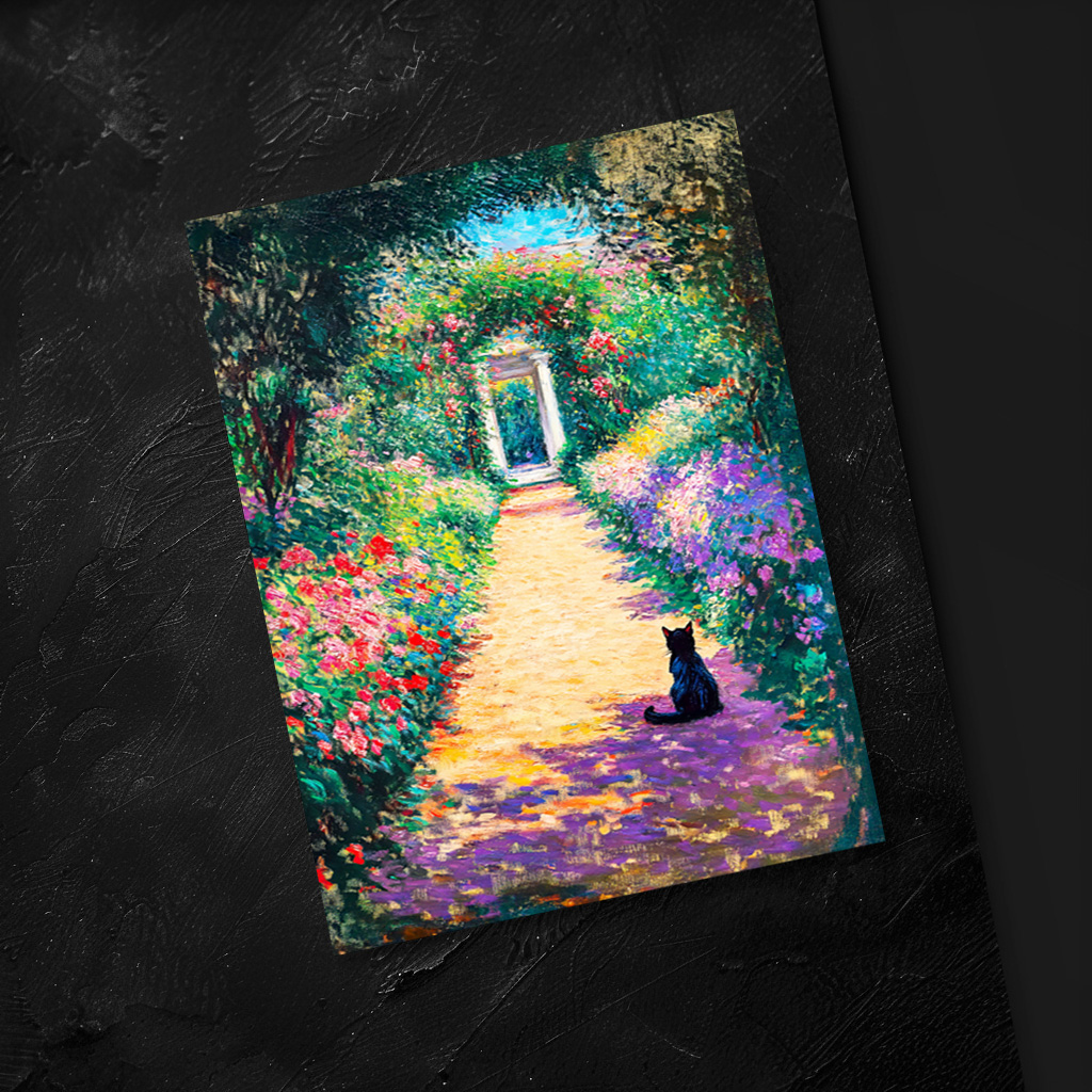 raxxa Postkarte: Impressionistic Oil Painting of Cat on Flower-Lined Garden Path