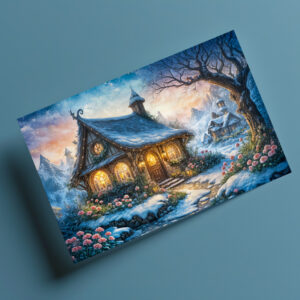 raxxa Postkarte: Charming Winter Cottage with Festive Lights