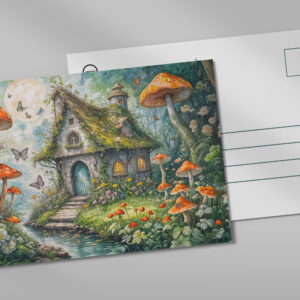 raxxa Postkarte: Whimsical Cottage by Stream with Giant Red Mushrooms