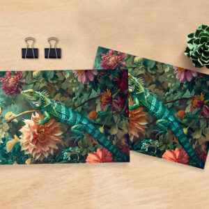 raxxa Postkarte: Lizard Between Dahlia Blooms Garden Illustration