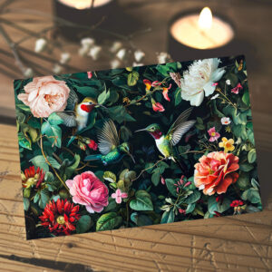 raxxa Postkarte: Hummingbirds with Climbing Vines and Rose Hedge Illustration