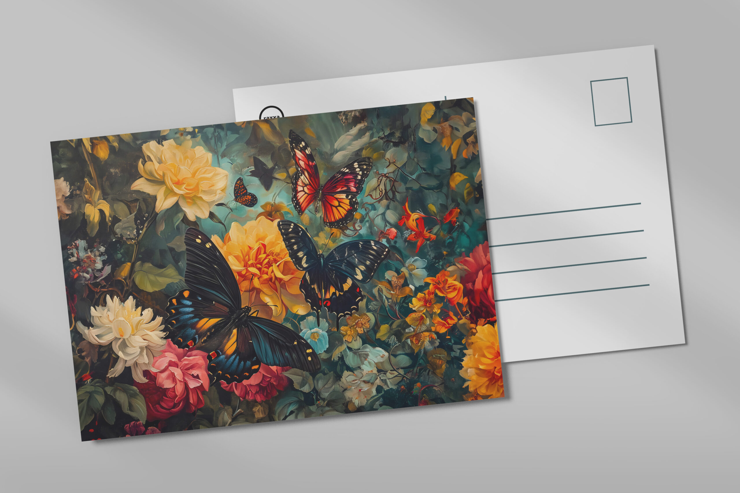 raxxa Postkarte: Butterflies with Dahlias and Roses Garden Illustration