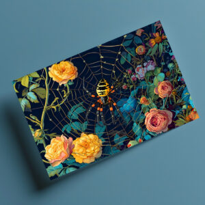 raxxa Postkarte: Wasp Spider in a Web Between Rose Hedge Illustration