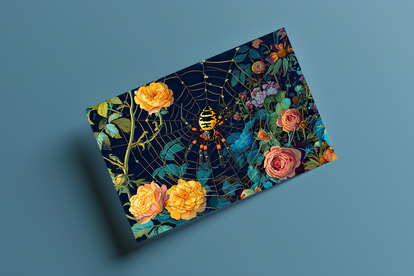 raxxa Postkarte: Wasp Spider in a Web Between Rose Hedge Illustration