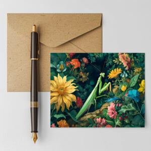 raxxa Postkarte: Praying Mantis with Dahlias and Other Garden Blooms Illustration