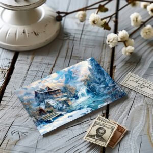 raxxa Postkarte: Mountain Cottage by Waterfall in Winter Illustration