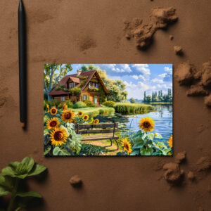 raxxa Postkarte: Lakeside Cottage with Sunflower Field