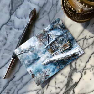 raxxa Postkarte: Old Mill by Frosty River in Winter Illustration