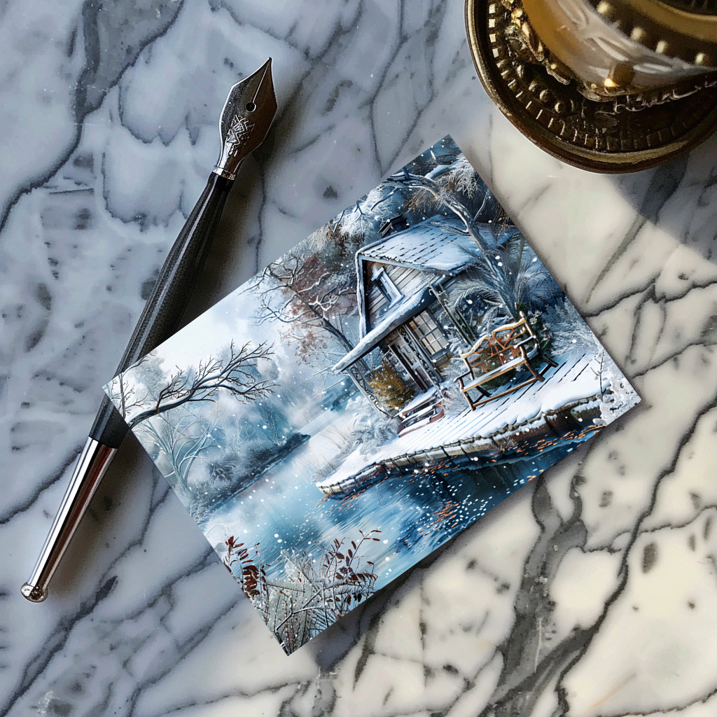 raxxa Postkarte: Old Mill by Frosty River in Winter Illustration