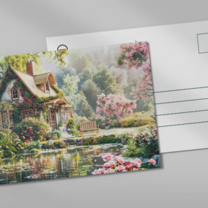 raxxa Postkarte: Whimsical Cottage with Rhododendrons and Pond