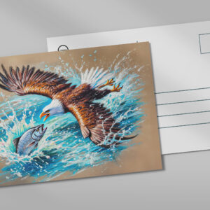 raxxa Postkarte: Eagle Flying Over River Hunting for Salmon Pastel Chalk Drawing