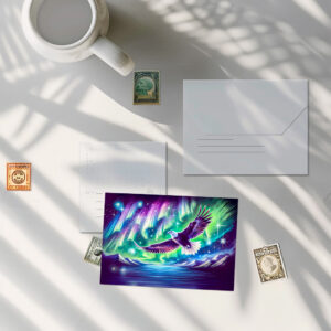 raxxa Postkarte: Eagle Flying Over Mountain Lake with Northern Lights Pastel Chalk Drawing