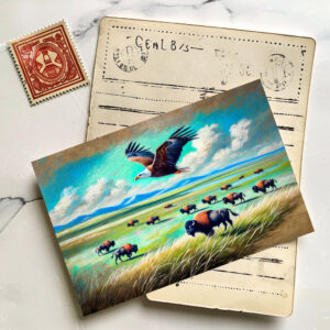 raxxa Postkarte: Eagle Flying Over Buffalo Herd in North America Pastel Chalk Drawing