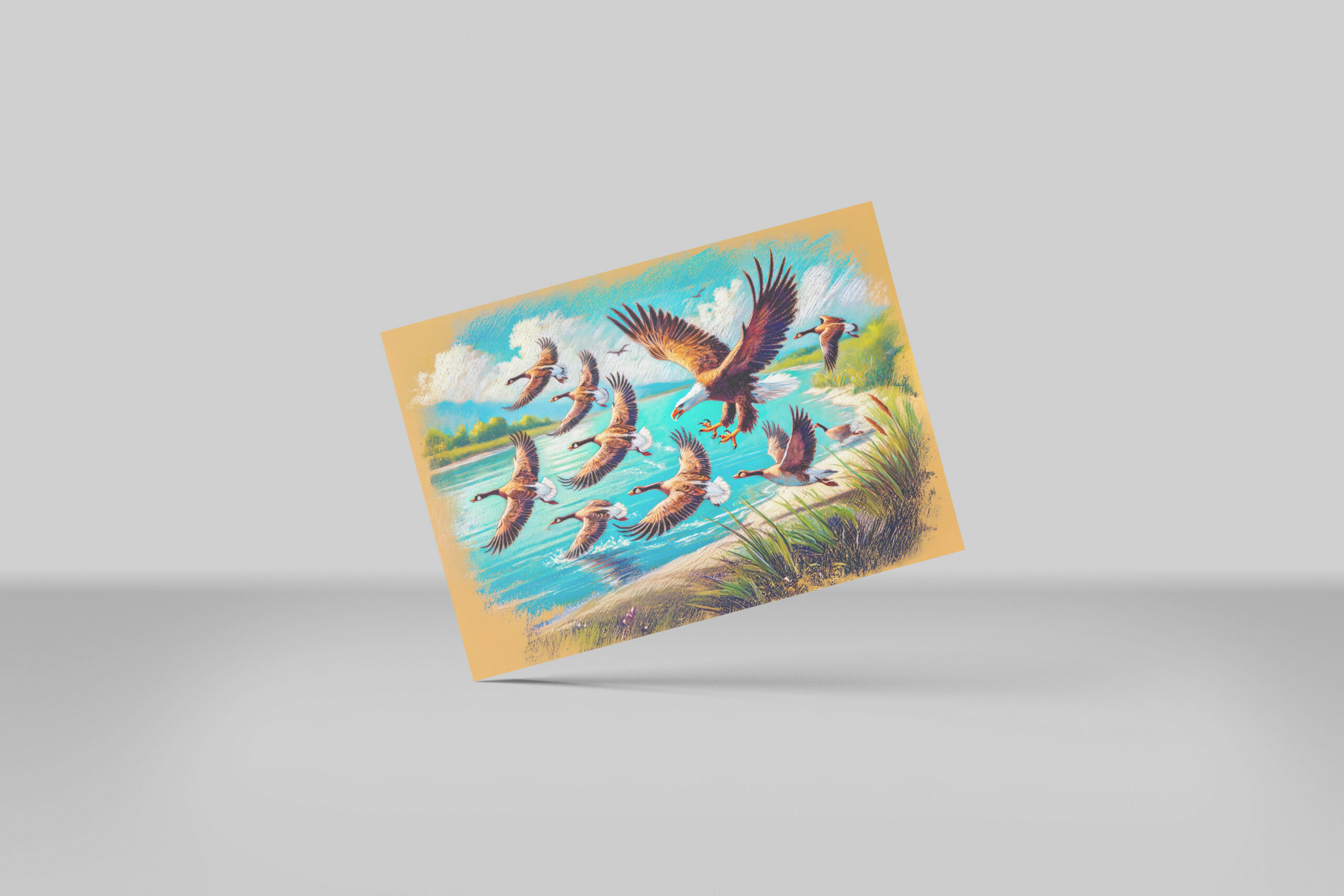 raxxa Postkarte: Eagle Hunting Wild Geese by Lake Pastel Chalk Drawing