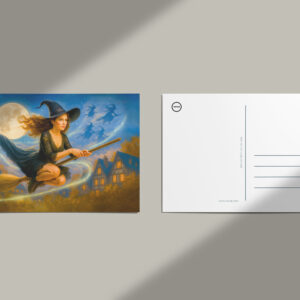 raxxa Postkarte: Flying witch over village rooftops by full moon