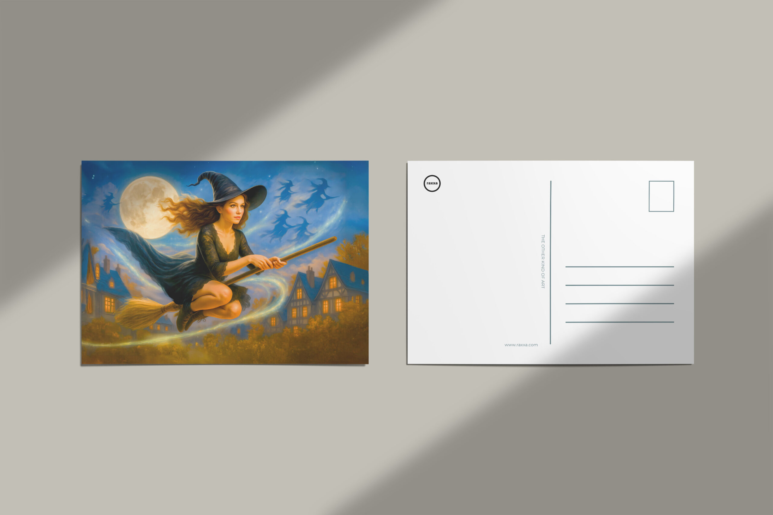 raxxa Postkarte: Flying witch over village rooftops by full moon