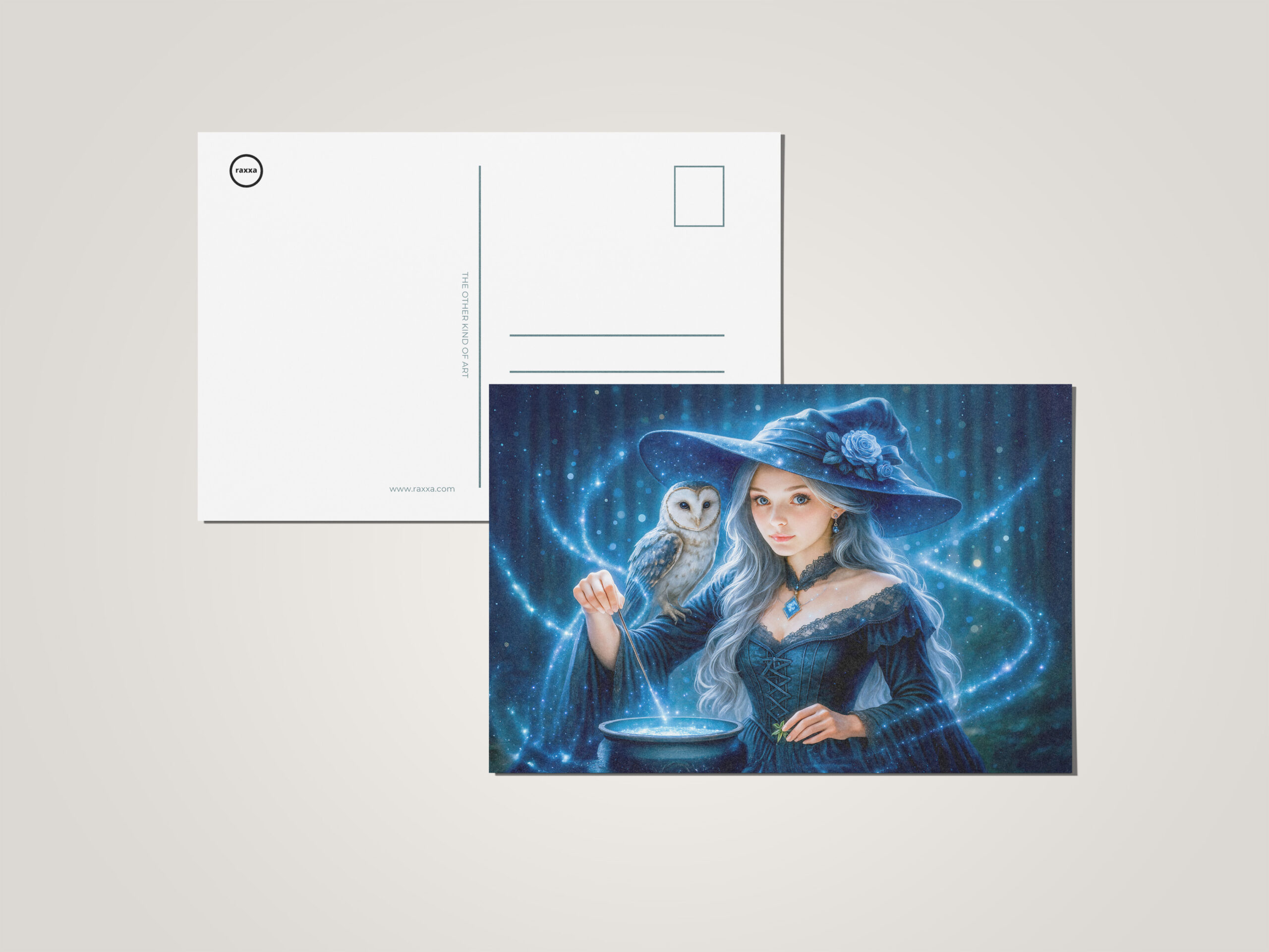 raxxa Postkarte: Silver haired witch with owl and cauldron
