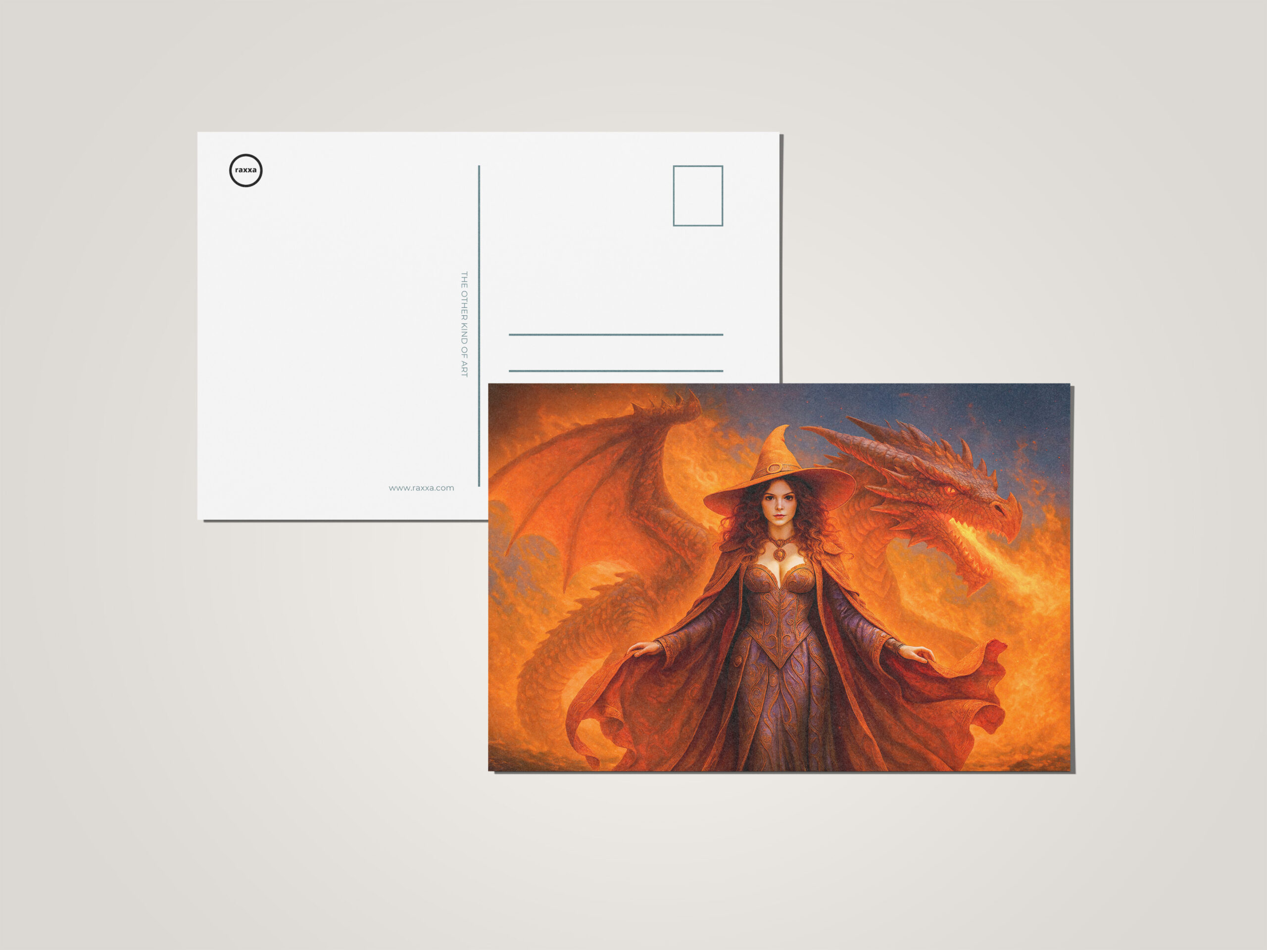 raxxa Postkarte: Witch with red dragon and blazing fire
